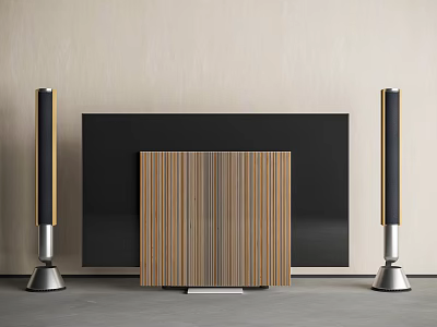 Black TV with Wooden and Silver Column Speakers Front Wooden Cabinet Light Wall Gray Floor 3d model