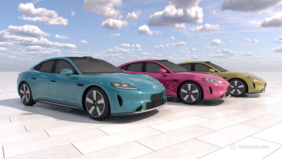 Colorful Modern Cars Blue Pink Yellow Parked Side By Side On White Ground 3d model 