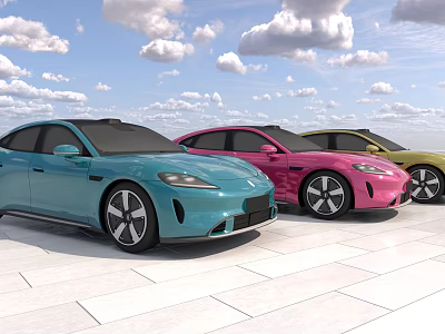 Colorful Modern Cars Blue Pink Yellow Parked Side By Side On White Ground 3d model