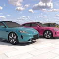 Colorful Modern Cars Blue Pink Yellow Parked Side By Side On White Ground