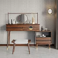 Elegant Modern Wooden Dressing Table with Round Mirror Drawers and Matching Stool