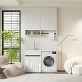 Home Balcony Interior With White Cabinets Washing Machine Sink Green Plant And Floor Lamp