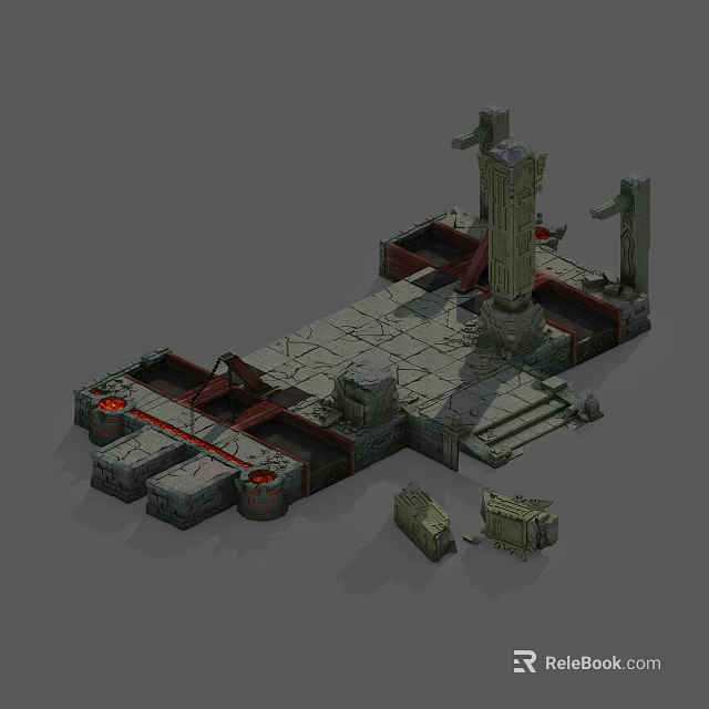 Ancient Stone Platform With Tall Pillars Broken Stones And Red Accents 3d model 