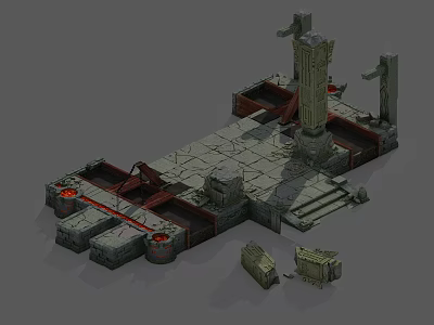 Ancient Stone Platform With Tall Pillars Broken Stones And Red Accents 3d model