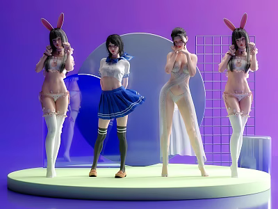 Four Women in Outfits Including Bunny Ears and Sailor Uniform on Platform Purple Blue Background 3d model