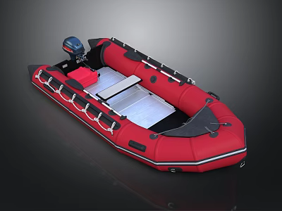 Red Inflatable Boat With Motor Red Seats And Silver Floor 3d model