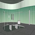 Modern Clothing Store Interior Featuring Green Curved Walls Transparent Racks Hanging Clothes and White Bench