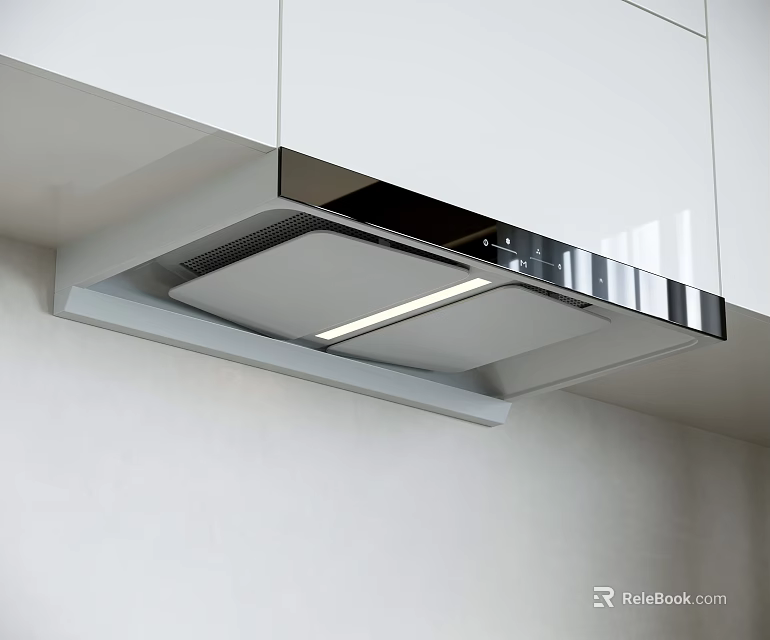 Modern Kitchen Range Hood Appliance With Sleek White Cabinets LED Light And Metallic Trim 3d model 