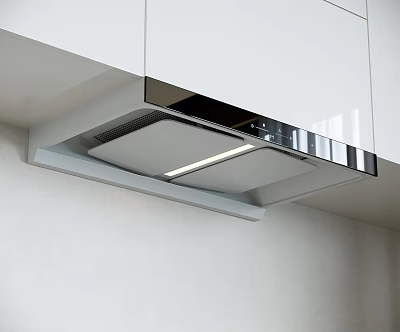 Modern Kitchen Range Hood Appliance With Sleek White Cabinets LED Light And Metallic Trim 3d model