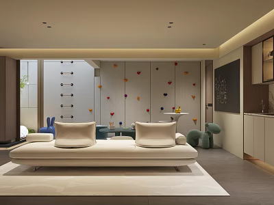 Modern Entertainment Room Interior With Sofa Climbing Wall And Colorful Patterns 3d model