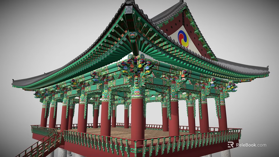 Traditional Korean Religious Temple Pavilion With Green Roof Red Pillars And Taeguk Symbol 3d model 