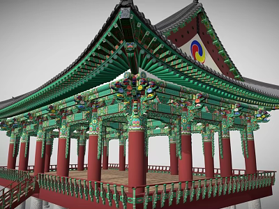 Traditional Korean Religious Temple Pavilion With Green Roof Red Pillars And Taeguk Symbol 3d model