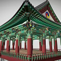 Traditional Korean Religious Temple Pavilion With Green Roof Red Pillars And Taeguk Symbol