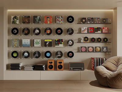 Cozy Music Room With Vinyl Records And Speakers 3d model