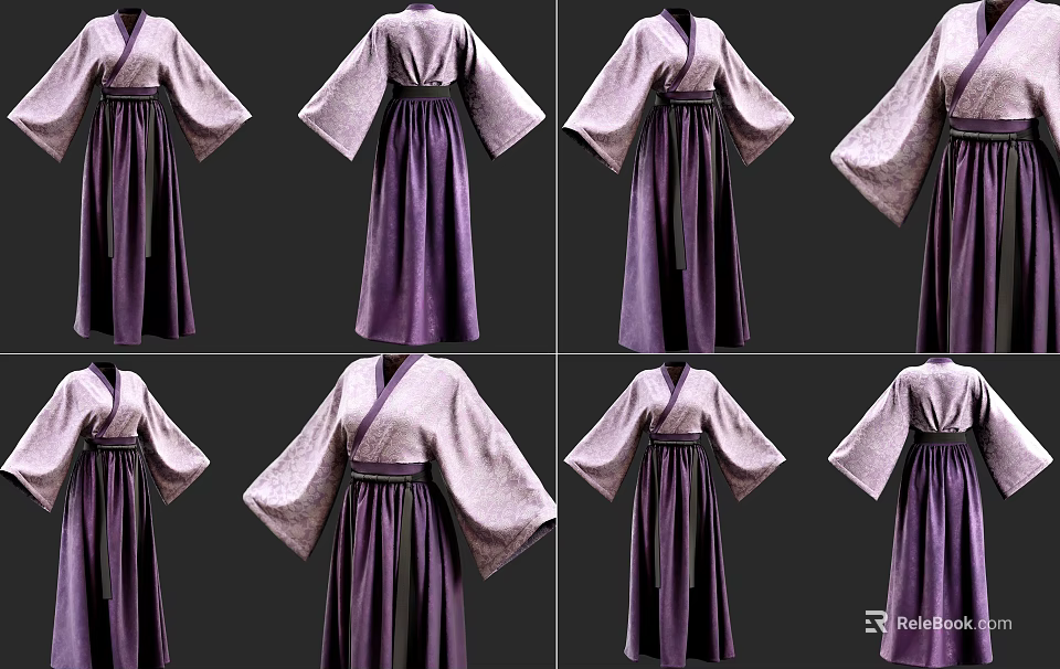 Elegant Purple Traditional Hanfu Long Dress With Long Sleeves And Different Angles 3d model 