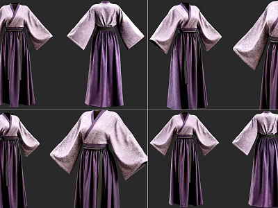 Elegant Purple Traditional Hanfu Long Dress With Long Sleeves And Different Angles 3d model