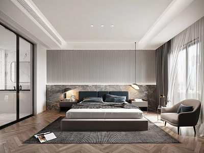 Modern Bedroom Interior Design With Striped Accent Wall Double Bed Area Rug And Wooden Flooring 3d model