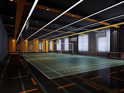 Modern Indoor Badminton Court For Sports Fitness With Green Surface And Lighting 3d model