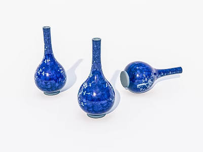 Three Blue Ceramic Vases With White Patterns Slender Neck Round Body One Lying On Side 3d model