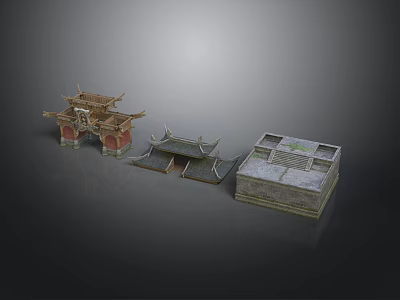 Traditional Chinese Architecture Models With Wooden Archway And Gray Tile Roofs 3d model
