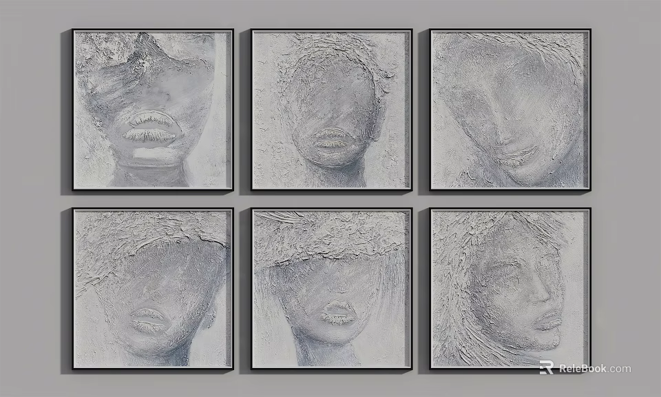 Six Panel Abstract Paintings Featuring Textured Abstract Face Portraits In Gray White Tone 3d model 