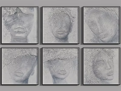 Six Panel Abstract Paintings Featuring Textured Abstract Face Portraits In Gray White Tone 3d model