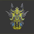 Ornate Decorative Shield With Yellow Blue Black Symmetric Patterns And Metallic Texture