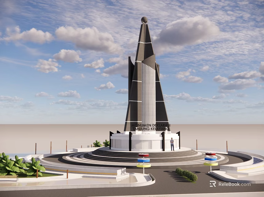 Scenic Monument View with Tall Circular Base Flags Blue Sky White Clouds and Green Plants 3d model 