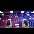 Space Themed Experience Zone With Hanging Planet Models Starry Background And VR Pods 3d model