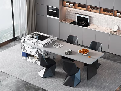Modern Open Kitchen Interior With Stylish Bar Counter And Dining Chairs 3d model