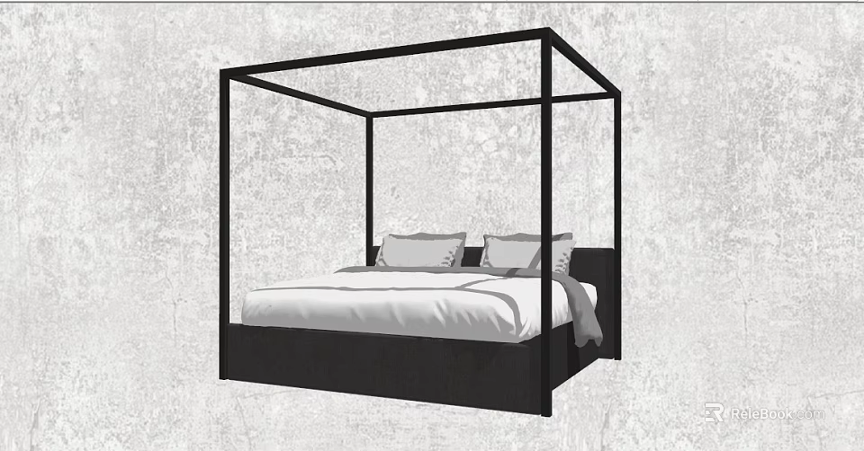 Modern Black Frame Four Poster Double Bed With White Mattress And Gray Wall Background 3d model 