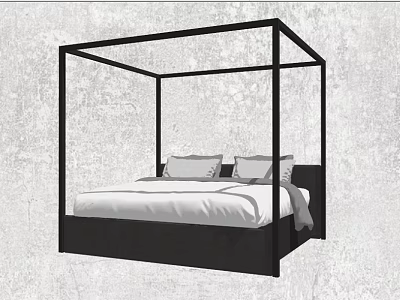 Modern Black Frame Four Poster Double Bed With White Mattress And Gray Wall Background 3d model