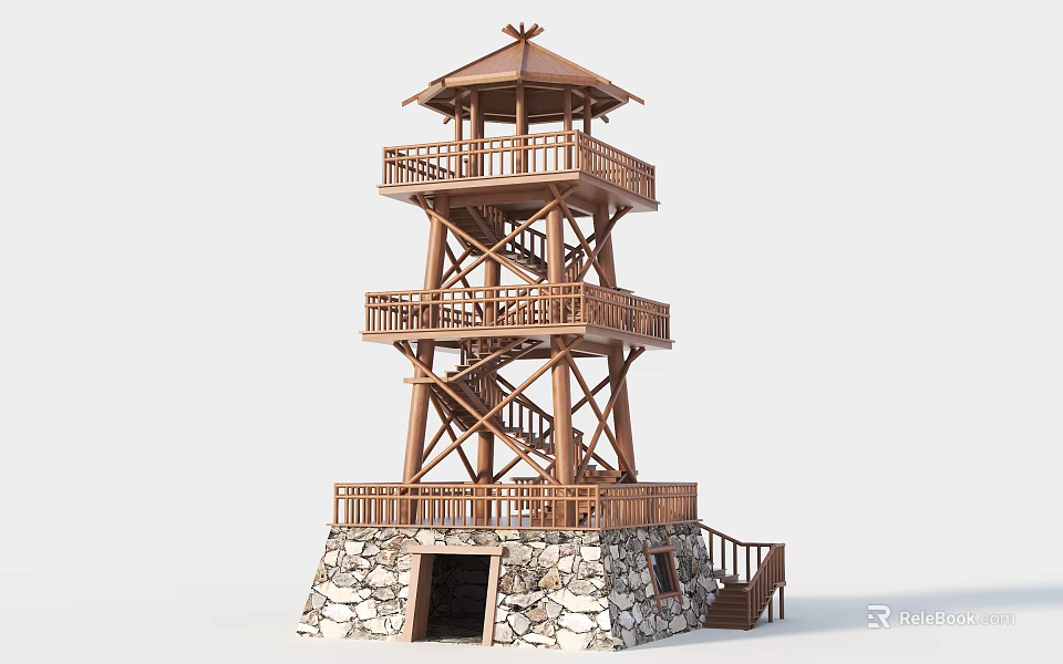 Traditional Wooden Tower With Multi Level Observation Deck And Stone Base Stairs 3d model 