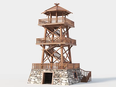 Traditional Wooden Tower With Multi Level Observation Deck And Stone Base Stairs 3d model
