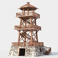 Traditional Wooden Tower With Multi Level Observation Deck And Stone Base Stairs