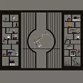 Chinese Style Room Divider With Round Pattern And Decorative Shelves Displaying Ornaments