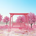 Scenic Outdoor Spot With Pink Cherry Trees Pink Benches Petal Covered Ground And Blue Sign