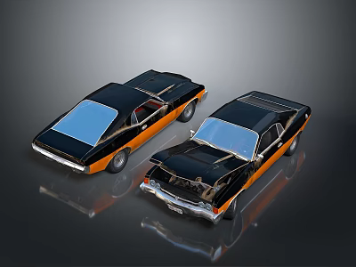 Two Classic Vintage Cars With Retro Design And Shiny Black Orange Finish 3d model