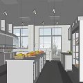 Commercial Kitchen Interior With Stainless Steel Worktables Ventilation Hoods Produce Shelves Bright Lighting And Windows