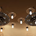 Modern Black Chandeliers With Circular Base Multiple Chains And Bulbs On Beige Wall 3d model