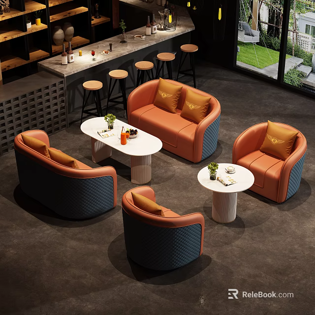 Modern Public Seating With Orange Navy Blue Sofas Small Round Tables And Green Plants 3d model 