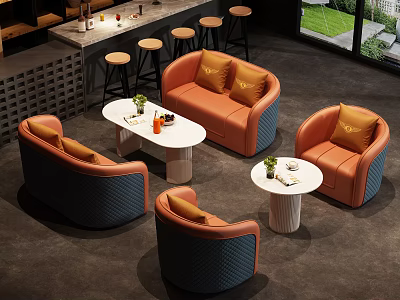 Modern Public Seating With Orange Navy Blue Sofas Small Round Tables And Green Plants 3d model