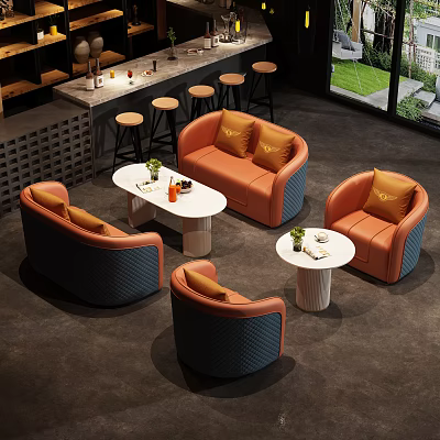 Modern Public Seating With Orange Navy Blue Sofas Small Round Tables And Green Plants 3d model