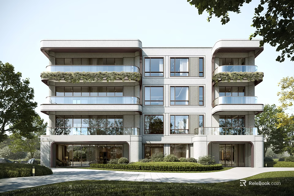 Modern Multi storey Detached Villa With Balconies Greenery And Large Windows 3d model 