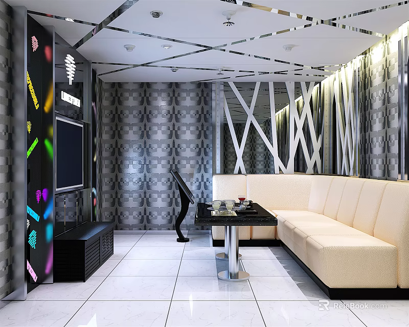 Modern KTV Lounge Interior With Sofa Seating Coffee Table And TV Screen 3d model 