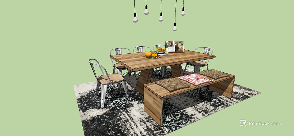 Wooden Dining Table Set With Chairs Bench Fruits And Pendant Lights On Patterned Rug 3d model 
