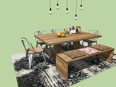 Wooden Dining Table Set With Chairs Bench Fruits And Pendant Lights On Patterned Rug 3d model