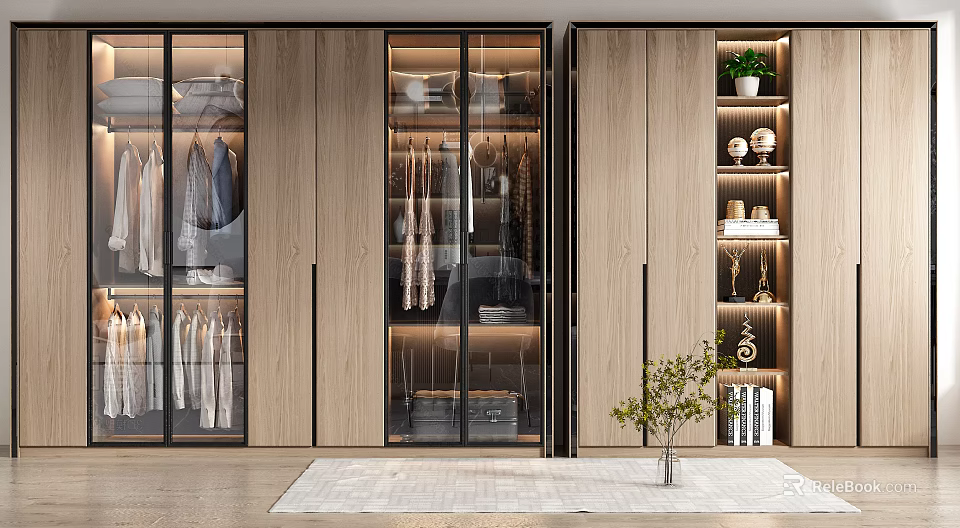Modern Wardrobe Design With Glass Doors Wooden Cabinets And Storage Areas 3d model 