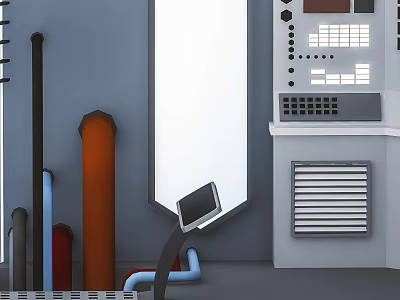 Industrial Style White Washbasin With Colorful Pipes And Control Panel On Grey Wall 3d model