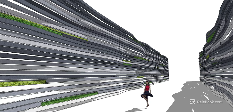 Modern Feature Wall with Layered Striped Design Green Accents and Person Standing Beside 3d model 
